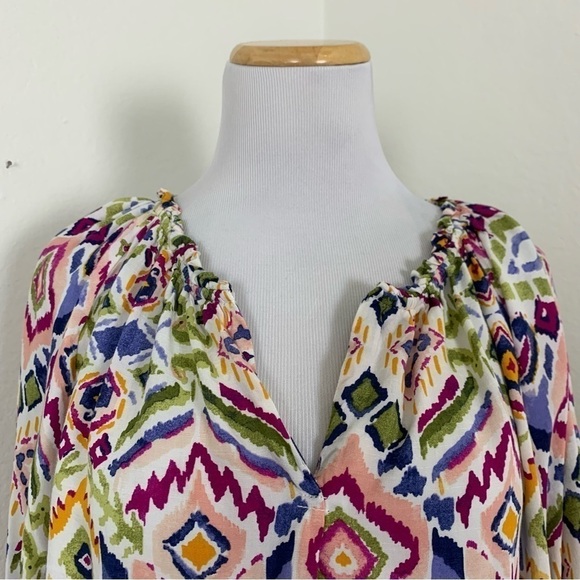 Beach lunch lounge Colorful Ikat Popover V Neck Blouse Size M - Picture 7 of 16